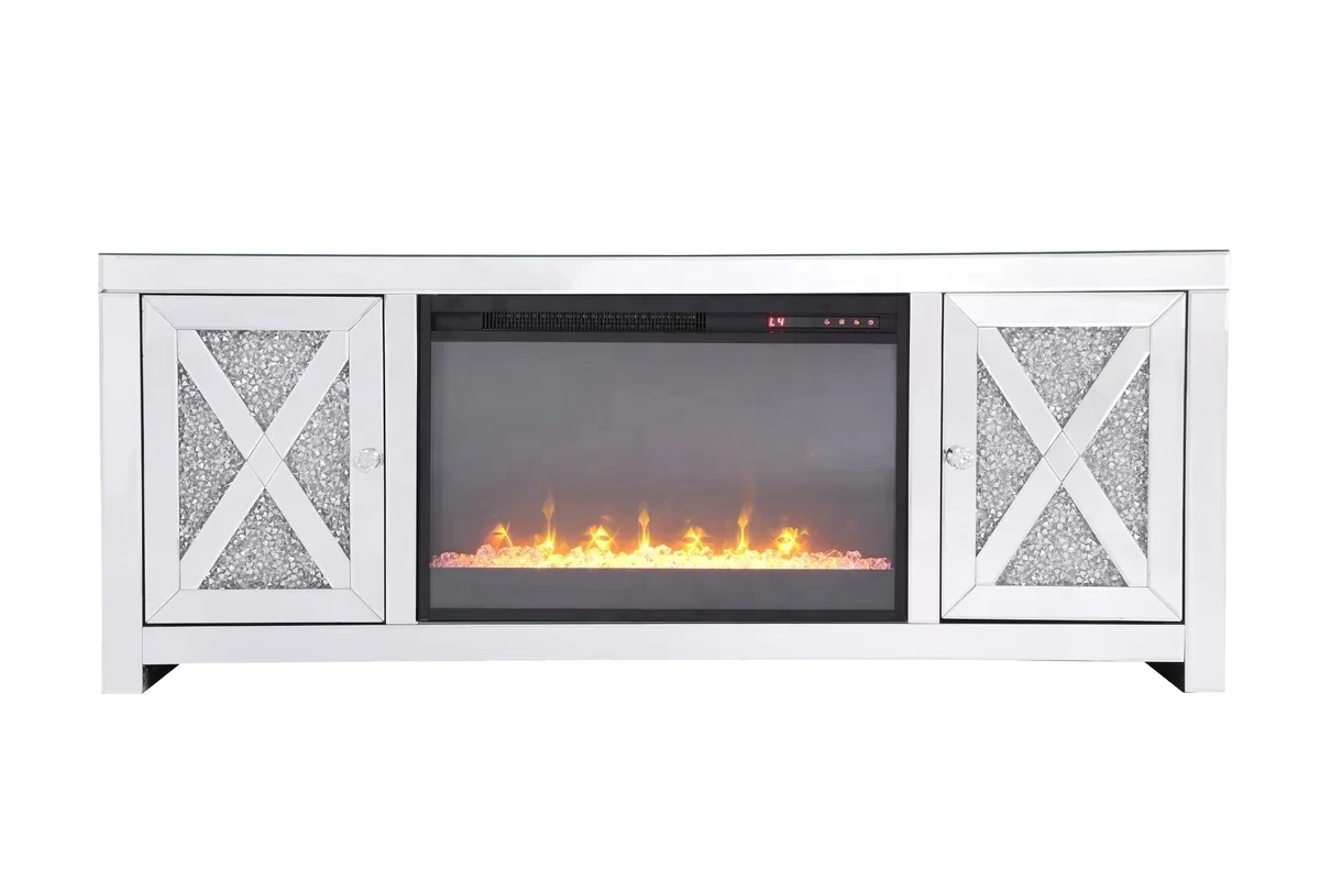 Rectangle diamond crushed crystal mirrored glass wall mounted electric fireplace for sale