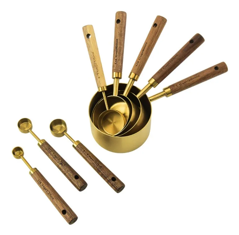 New Style Set of 8 Gold Stainless Steel Measuring Cups and Spoons Set with Wood Handle for Measuring Baking