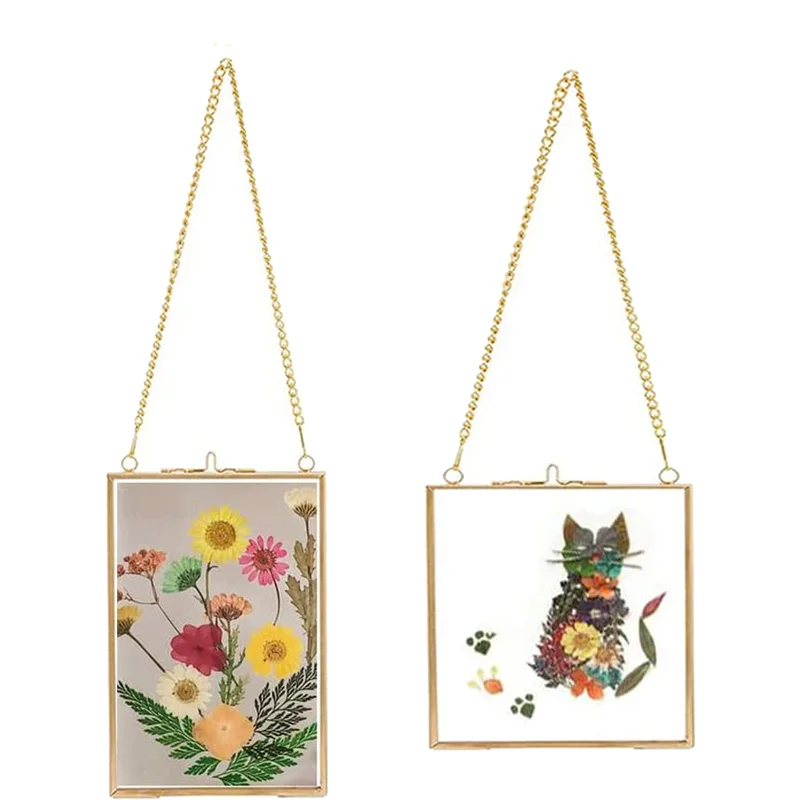 Glass crafts for DIY Pressed Flowers Art Brass Hanging Photo Picture Frame with Chain