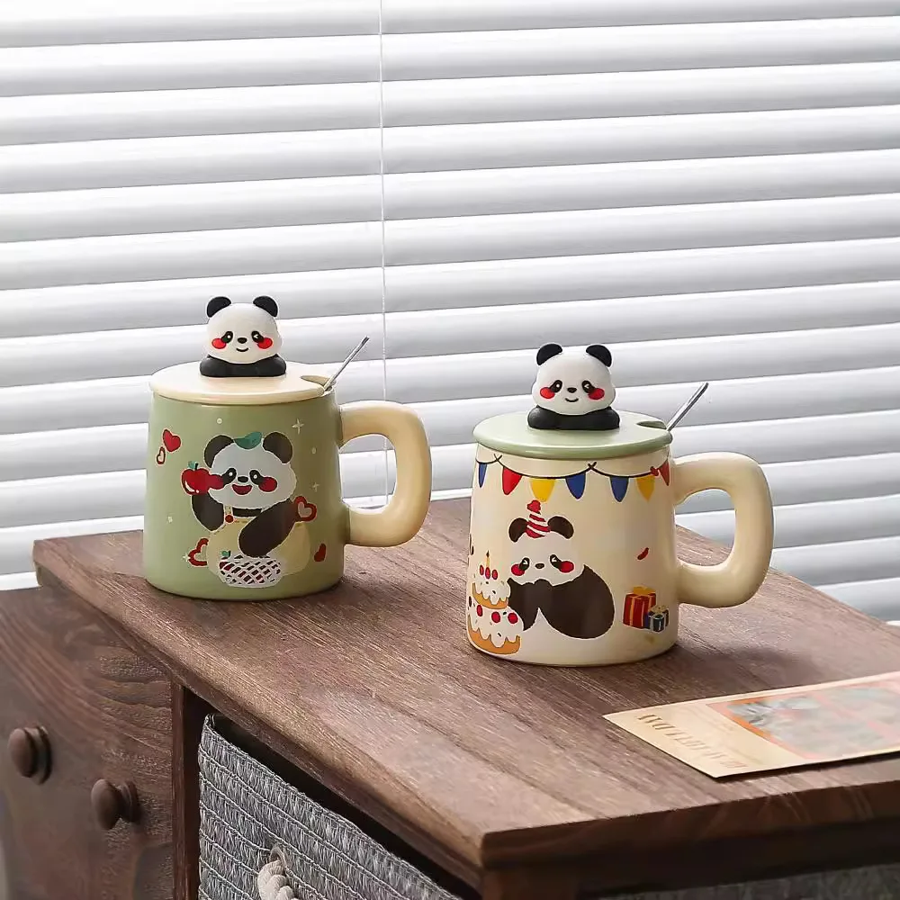 High-value cup cute panda ceramic cup with lid ladle water cup set gift for girlfriends and boyfriends