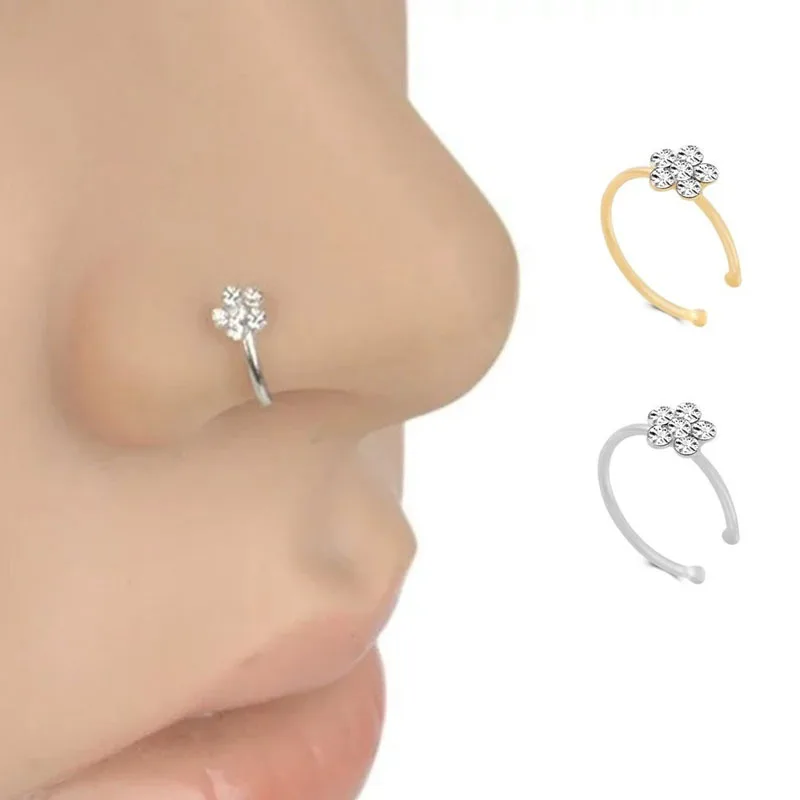 Серебряное, золотое, тонкое, бриллиантовое, цветочное, прозрачное кольцо для носа, кольцо-Гвоздик-блестящее, Кристальное кольцо для носа
