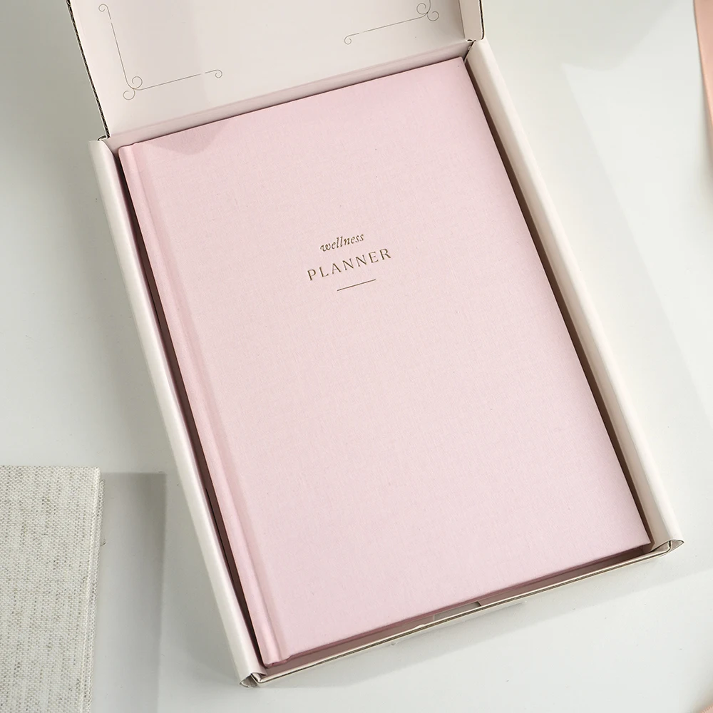 custom printing logo hardcover linen cover A5 bound paper journal notebook wellness planner gift set