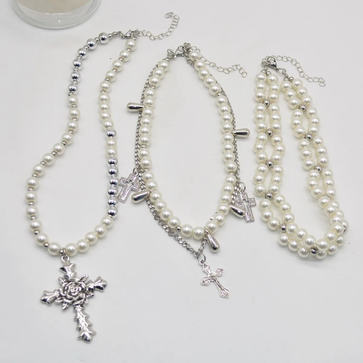 NT100 Fashion Multi Layer Pearls Necklace Women Cross Pendant Necklace Jewelry