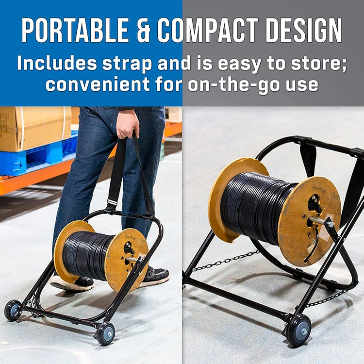 JH-Mech Custom Convenient Easy to Move With Wheels and Pull Strap Black Sturdy Tubular Steel Cable Roller Stand Customized