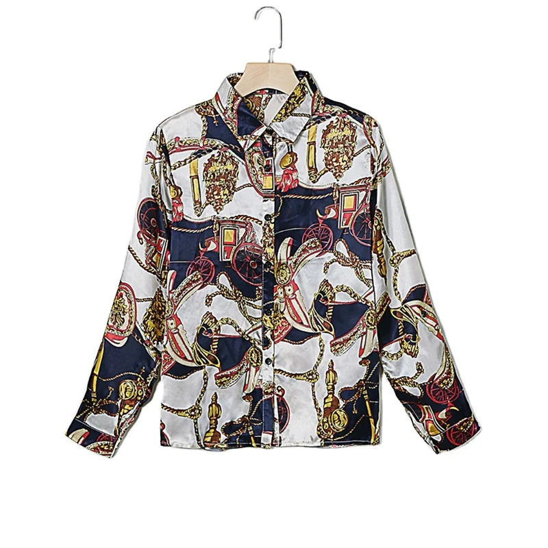 
2021 New European And American Summer Printing V-neck Sexy Casual Loose Silk Long Sleeves Women Blouse 
