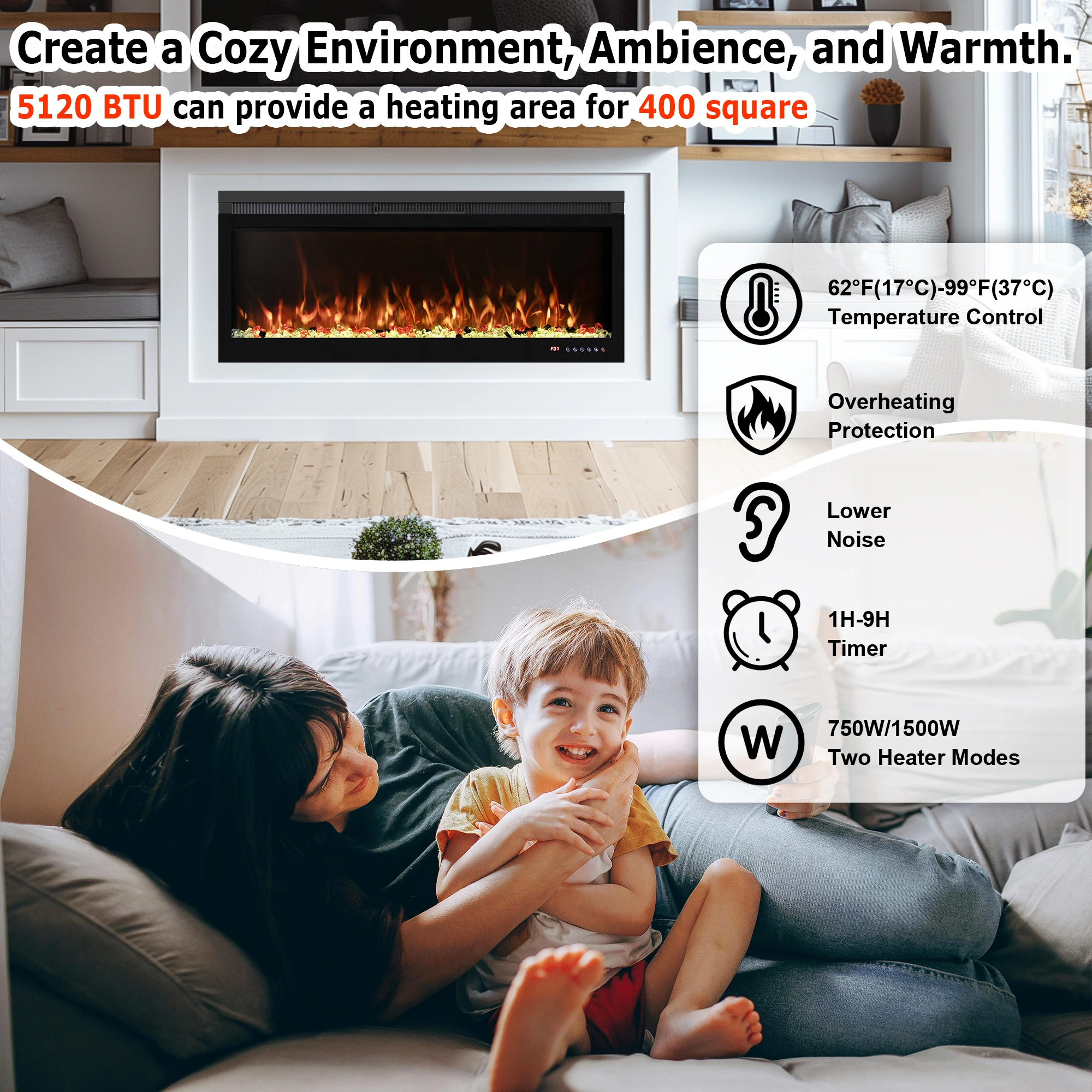 Dreamflame 42-дюймовая настенная Встраиваемый светодиодный камин электрический обогреватель бревна хрустальное многоцветное пламя для комнаты площадью до 400 кв.