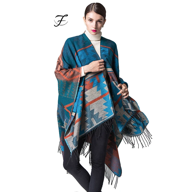 FIONA Custom Reversible Double Faced Tassels Oversized Lady Women Wrap Cape Cardigan Shawl Poncho