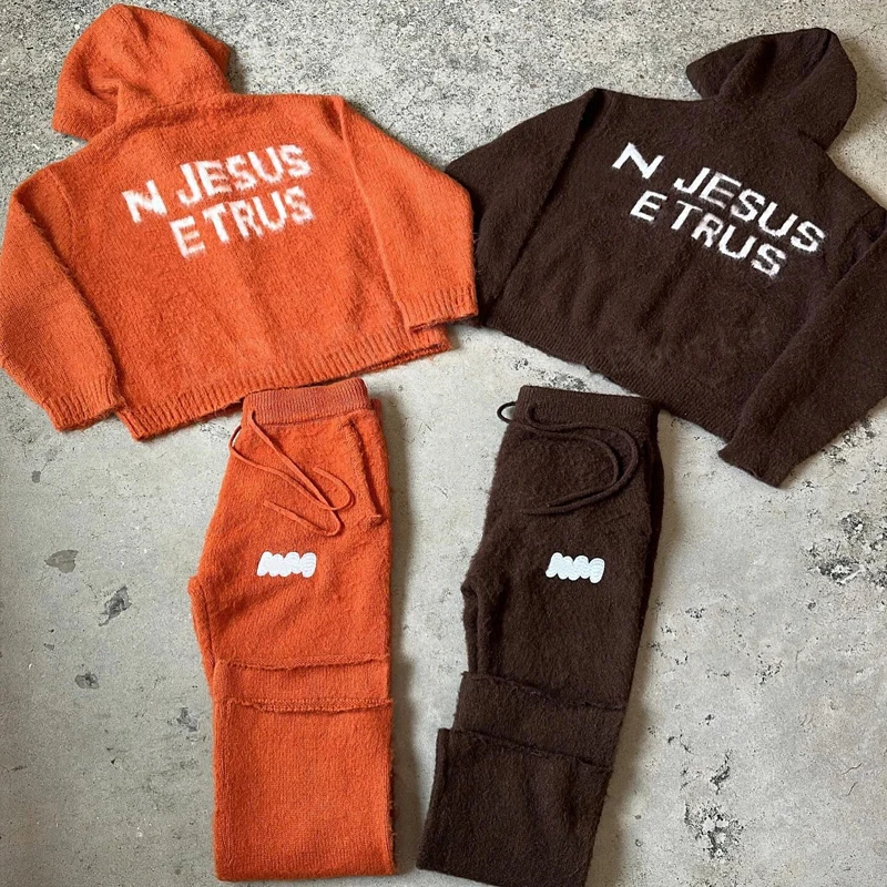 High Quality Custom Logo Sweatpants and Hoodie Set Flare Zip Up Winter Knitted Mohair Tracksuit Men