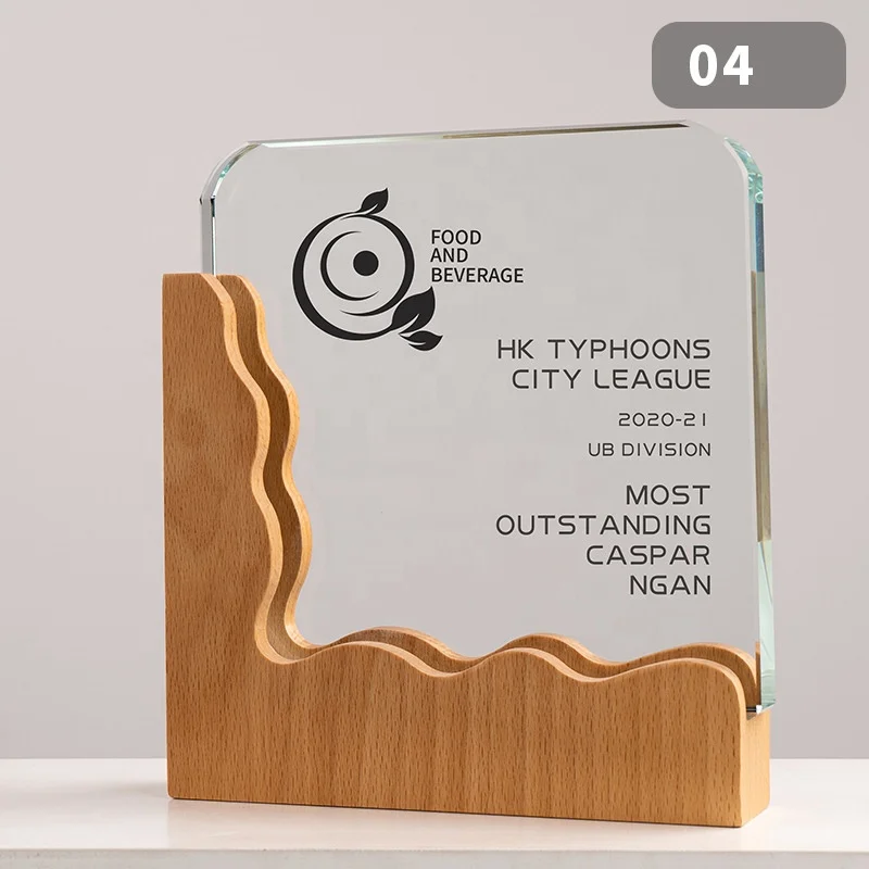 Wooden base crystal glass trophy custom enterprise competition annual meeting honor plaque business gifts