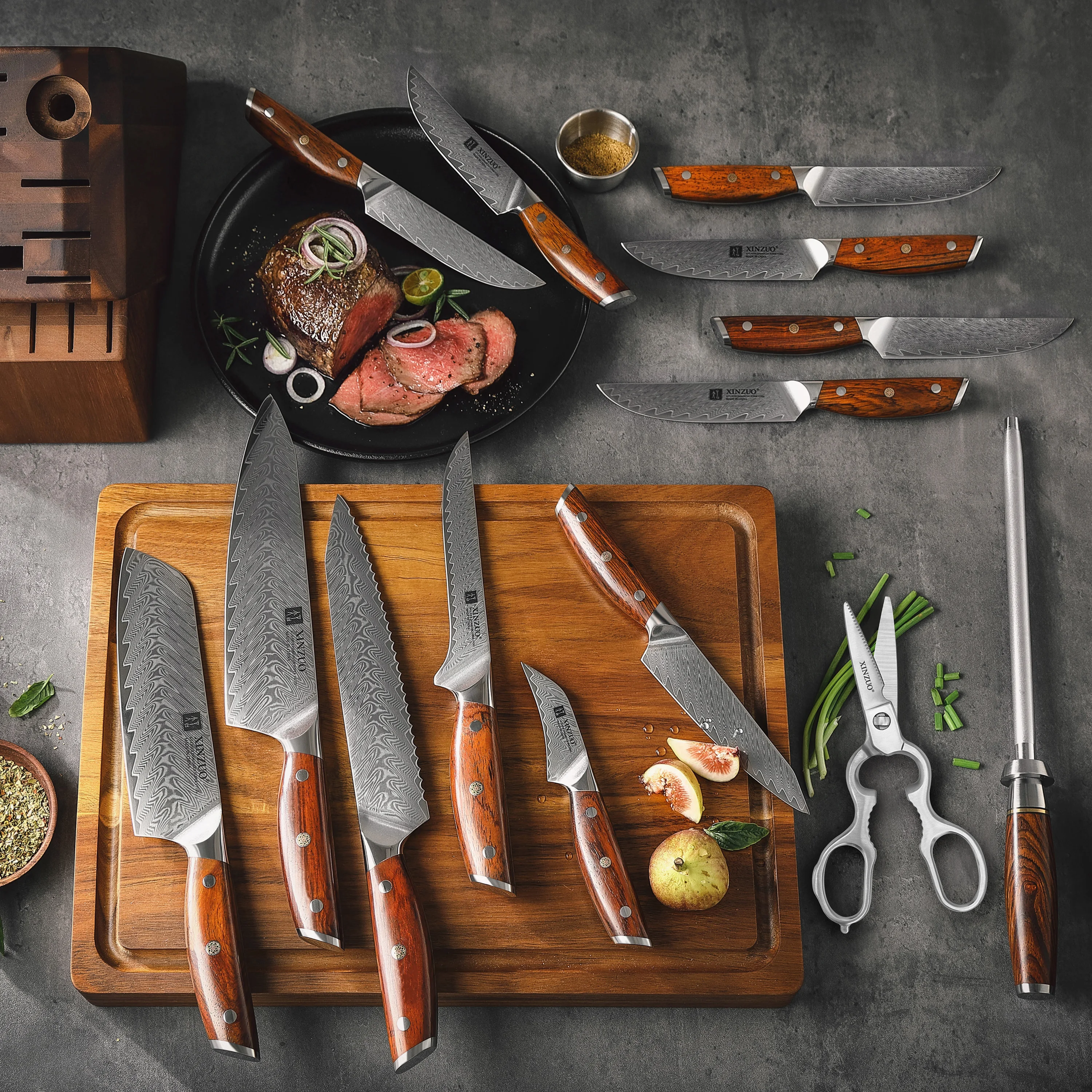XINZUO 15 pcs Knives High Quality 10Cr Damascus Steel Sharp Kitchen Chef Knife Set with Sharpener Scissors wooden Block