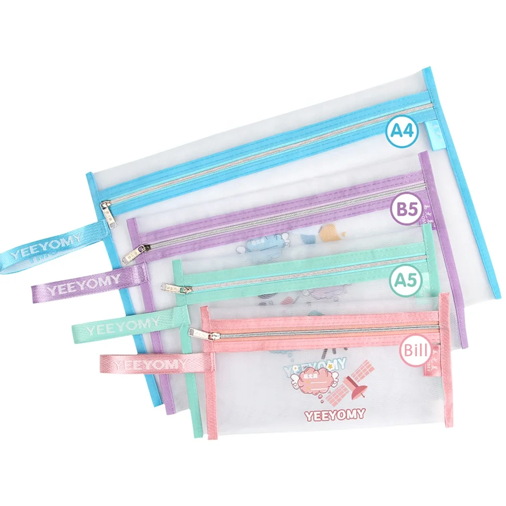 Macaron Color Mesh Zipper Pouch with Label Waterproof Puzzles Games Document Storage Bags for Office School Home Travel Cosmetic