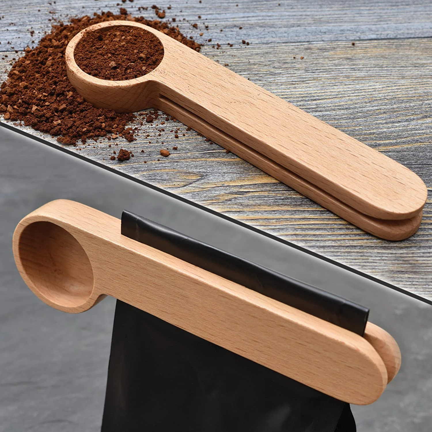 Beech Wood Eco-friendly Measuring Coffee Beans Scoop Food Bag Sealer Clip Coffee Spoons