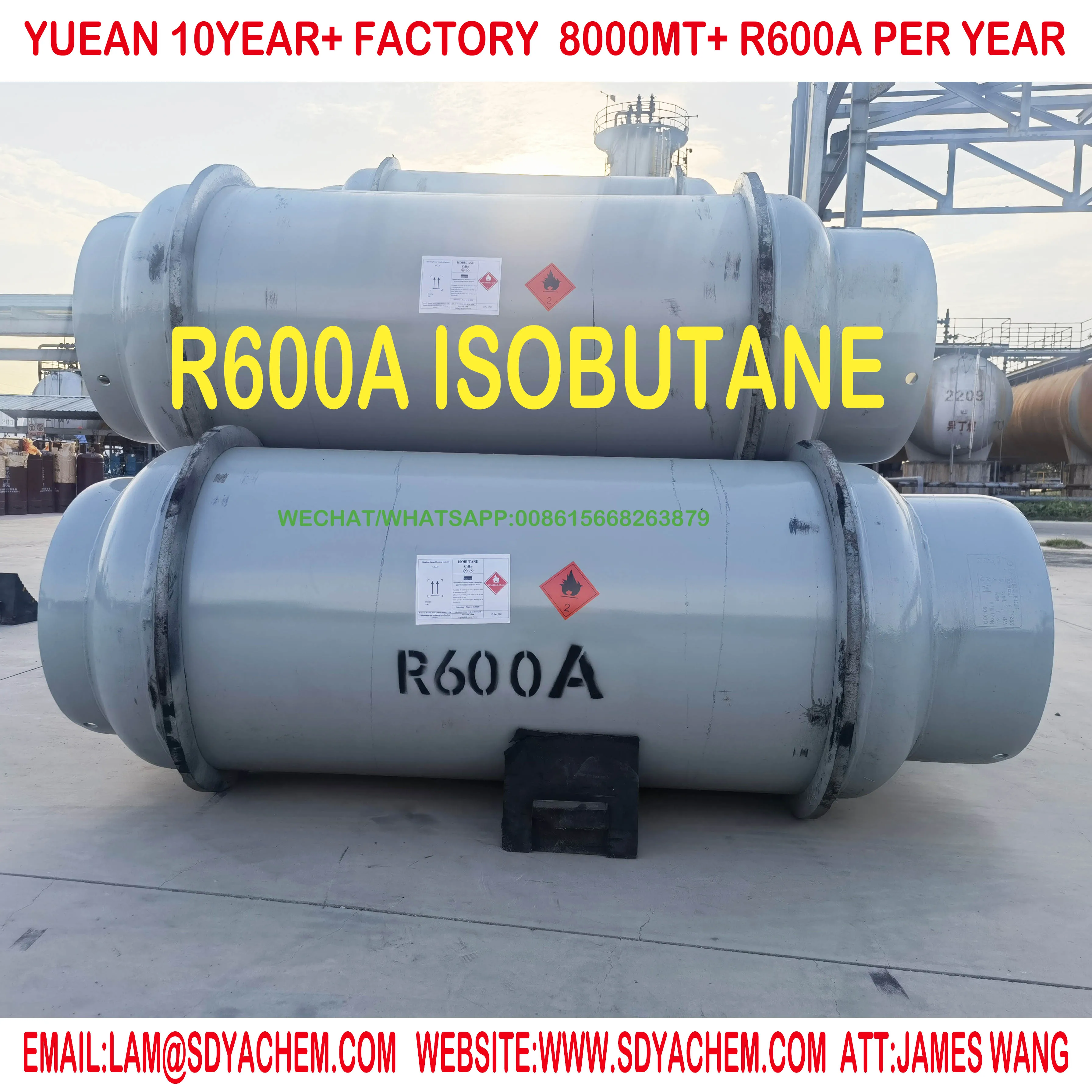 YUEAN Factory Refrigerant gas R600a Isobutane gas  min 99.9  75-28-5  UN 1969 For Fridge