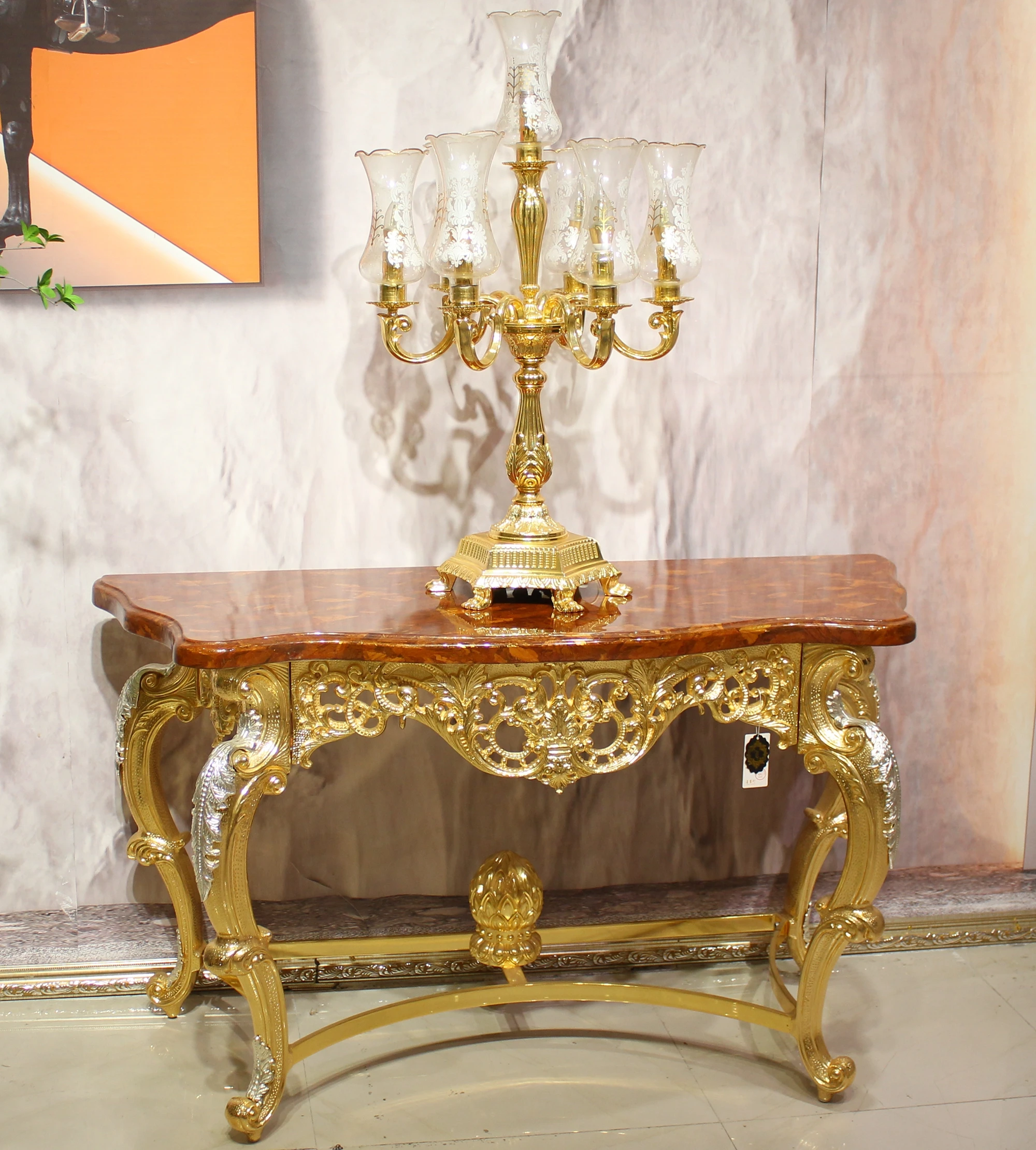 Retro Luxury Porch Italian  Classic Console Golden Copper Corridor Console Table