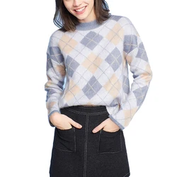 hot selling women fashion plaid knitted o neck women cashmere sweater