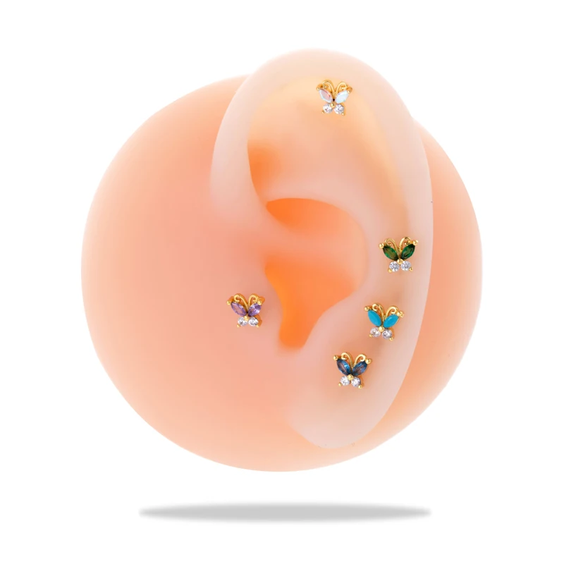 custom helix piercing women jewelry stainless steel screw back green zircon butterfly ear tragus lobe cartilage stud earrings