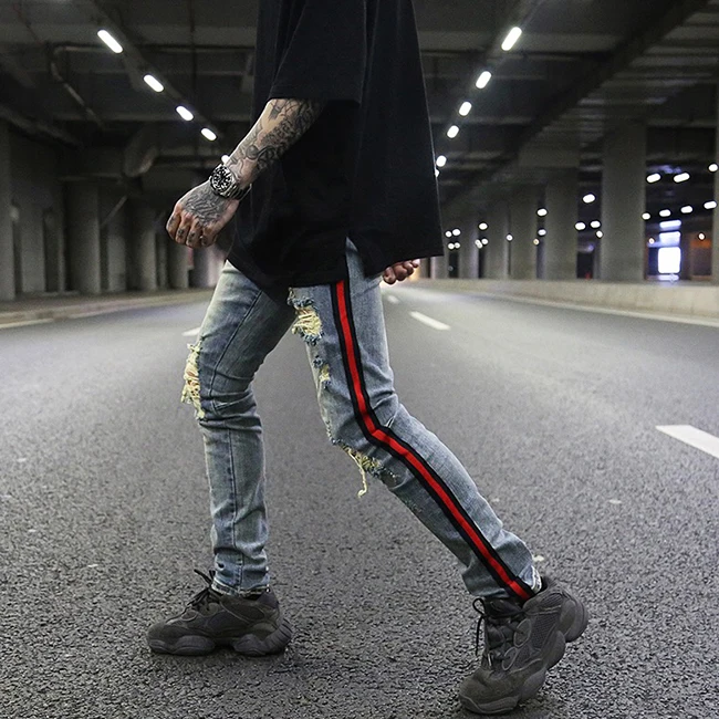 
OEM vintage washed stock dropshipping ripped distressed men track skinny denim jeans pants 