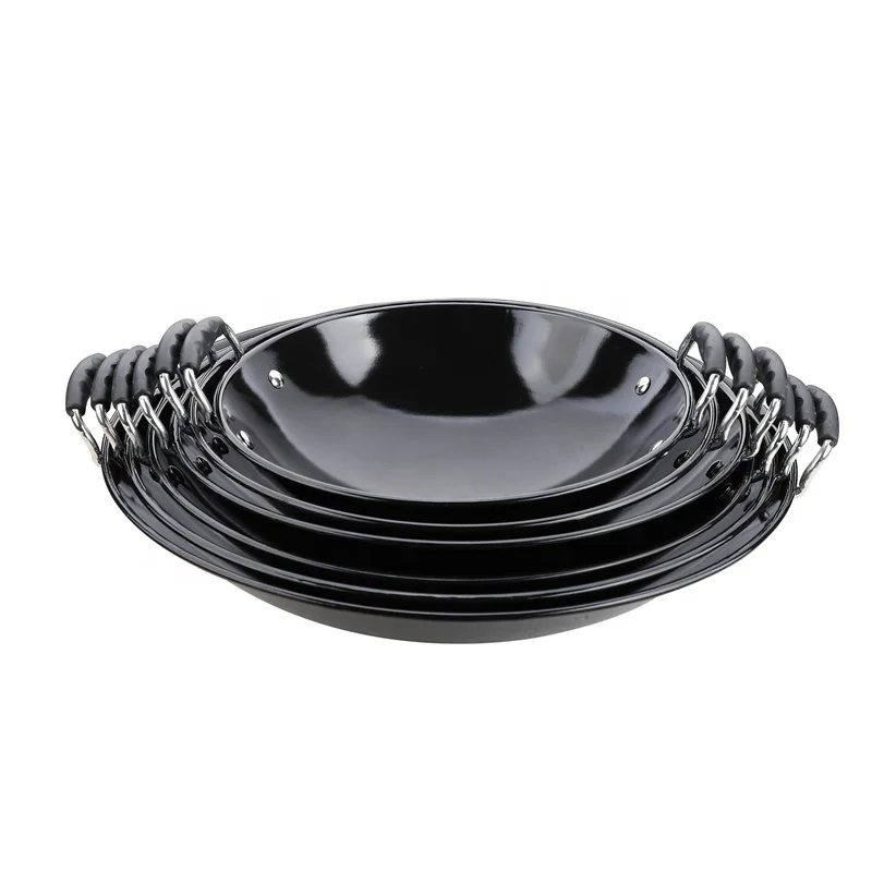 Jiashida Hot Selling Metal Iron Black Enamel Frying Pot Wok Double Earing Enamel Wok Best Quality Enamel Wok Pan