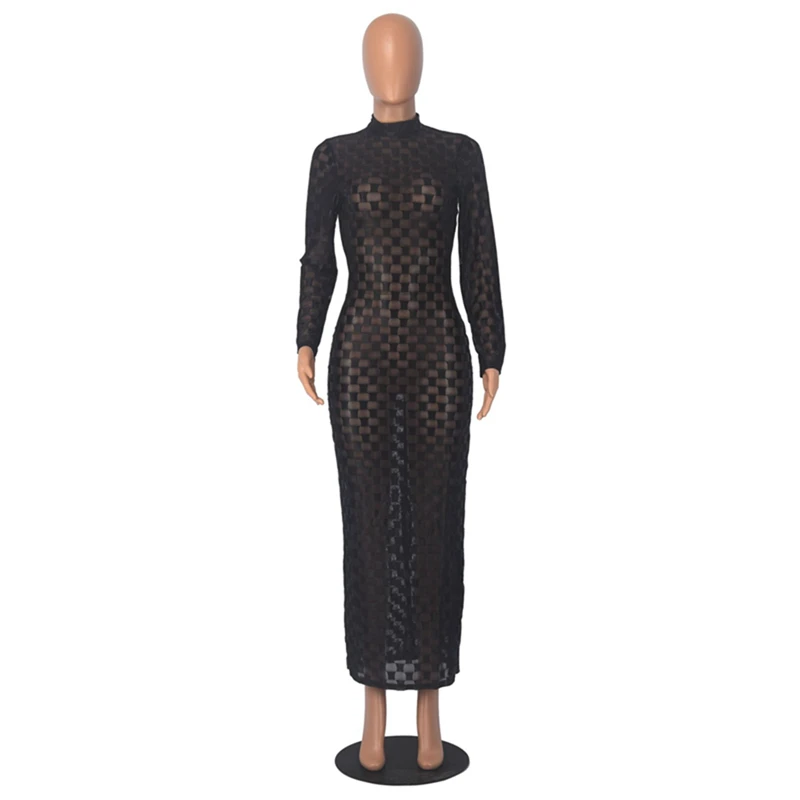 Channel 2024 Autumn Women Split Back Mock Neck Long Sleeve See Through Mesh Maxi Dress Bodycon Ladies Sexy Party Club Night