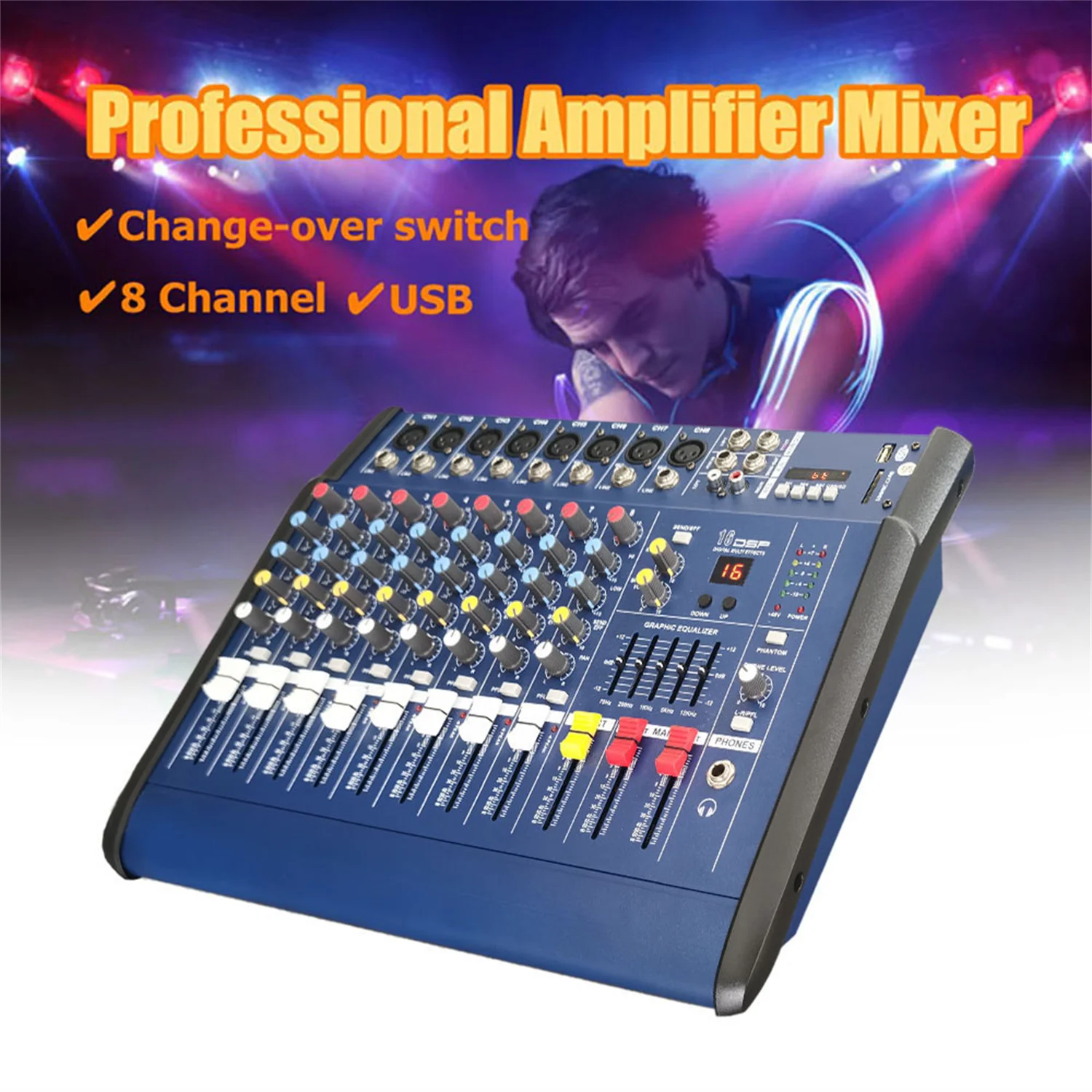 GAX-802D 8-канальный цифровой аудио микшер консоль караоке микрофон встроенный 48 В фантомная мощность с 16 DSP