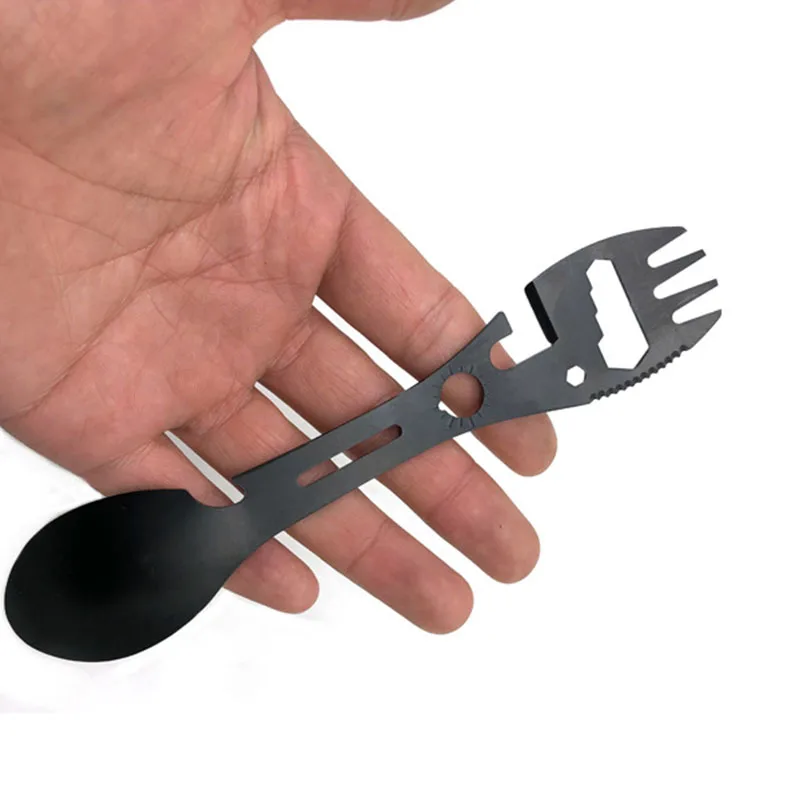 10 in 1 Camping Stainless Steel Multi-Function Spoon Fork Knife Can Opener Wrench Outdoor Hiking Utility Tactical Tableware