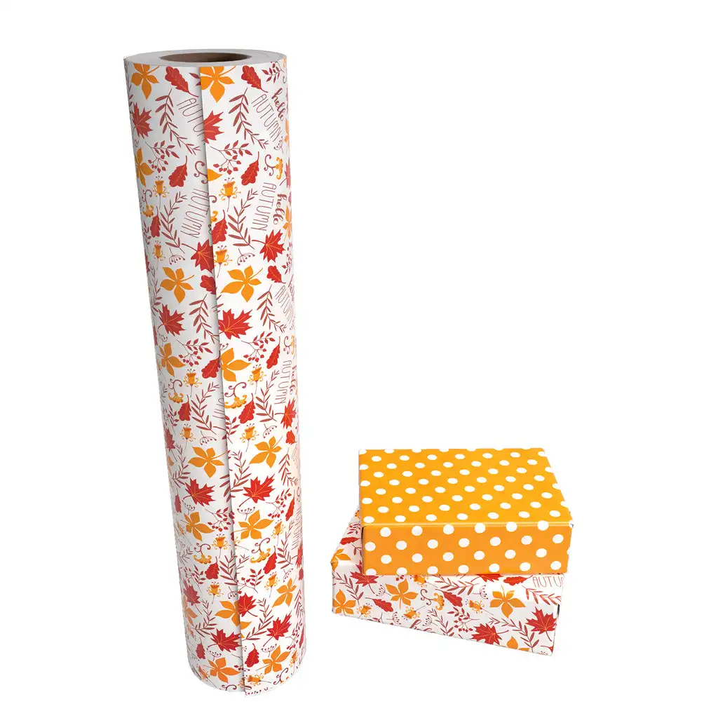 Maple Leaf and Orange Polka Dots Autumn Design Halloween Selection Design Printed Kraft Paper Roll For Flower And Gift Packing