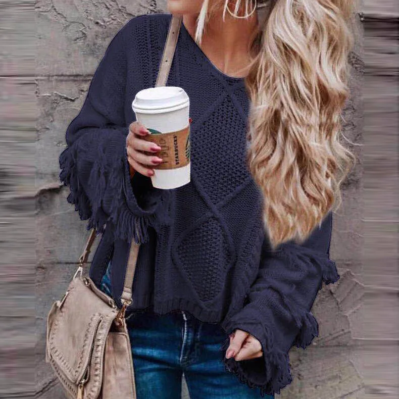 
Fashion V Neck Flare Sleeve Women Casual Tassel Sweater 
