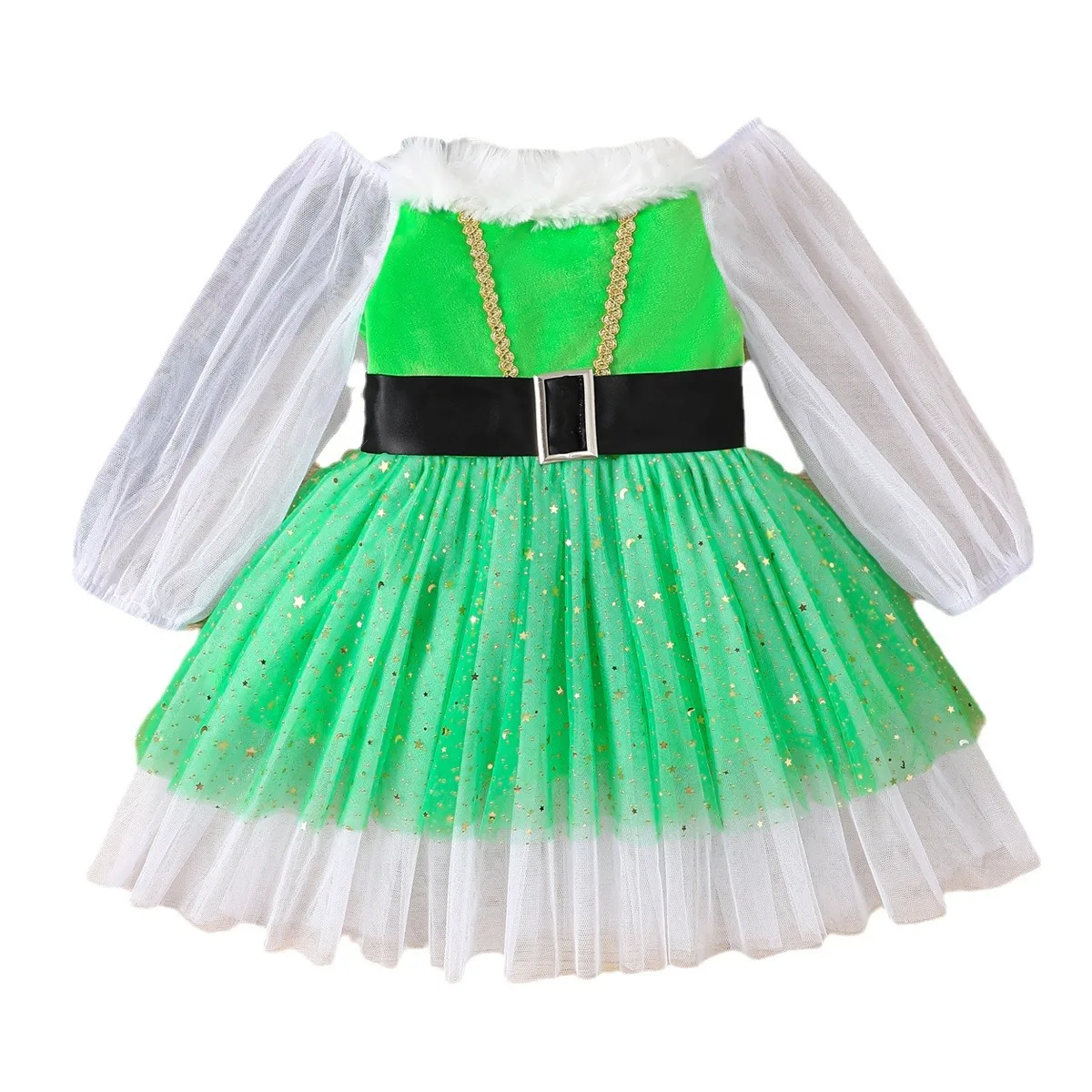 Multiple Colors Girls Christmas Dress Baby Mesh Long Sleeve Sequin Tulle Tutu Dress with Belt