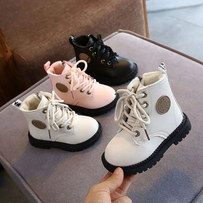Children Plush Warm Shoes For Boys PU Leather Girls Kids Martin Boots Autumn Winter New Toddler Baby Soft Bottom Short Boots