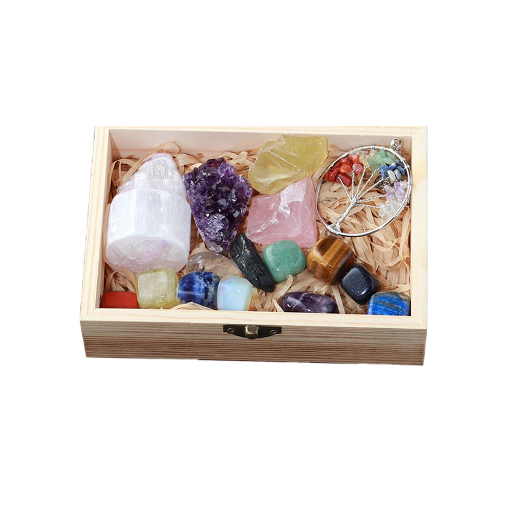 Wholesale high quality colorful Chakra stone set  wooden box for self relaxation