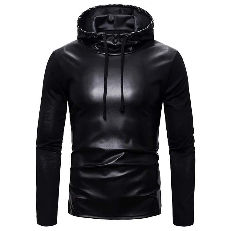 New Mens PU Hoodies Sweatshirts Male Slim Fit Faux Leather Hoodies Coat Black Tops Hooded Pullovers S-2XL