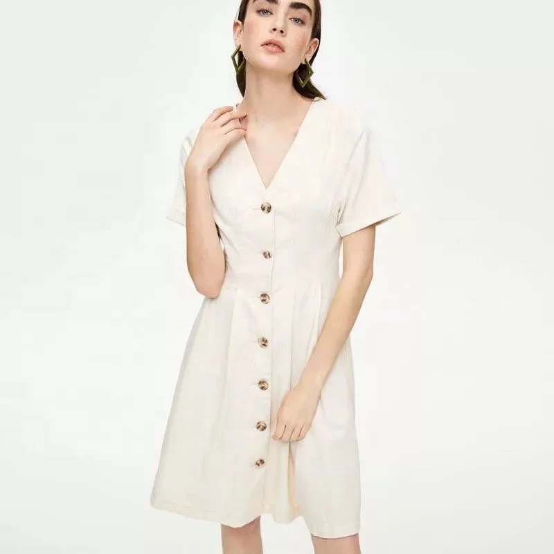 
100% Linen Women Side Split Beige Buttoned Long Casual Dress 