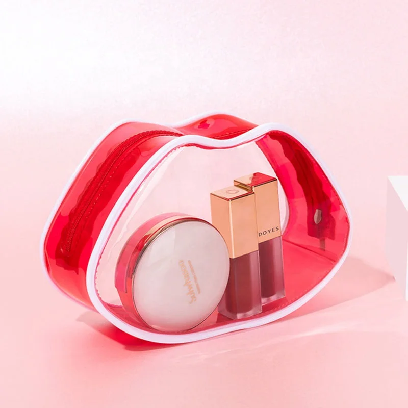 Custom private labels PVC makeup bags lip shaped cosmetic bag