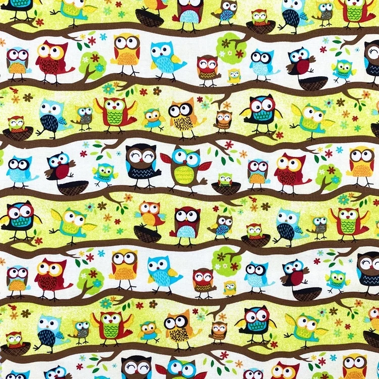Soft comfortable cartoon animals owl design woven organic 100% cotton poplin print fabric for baby kids children