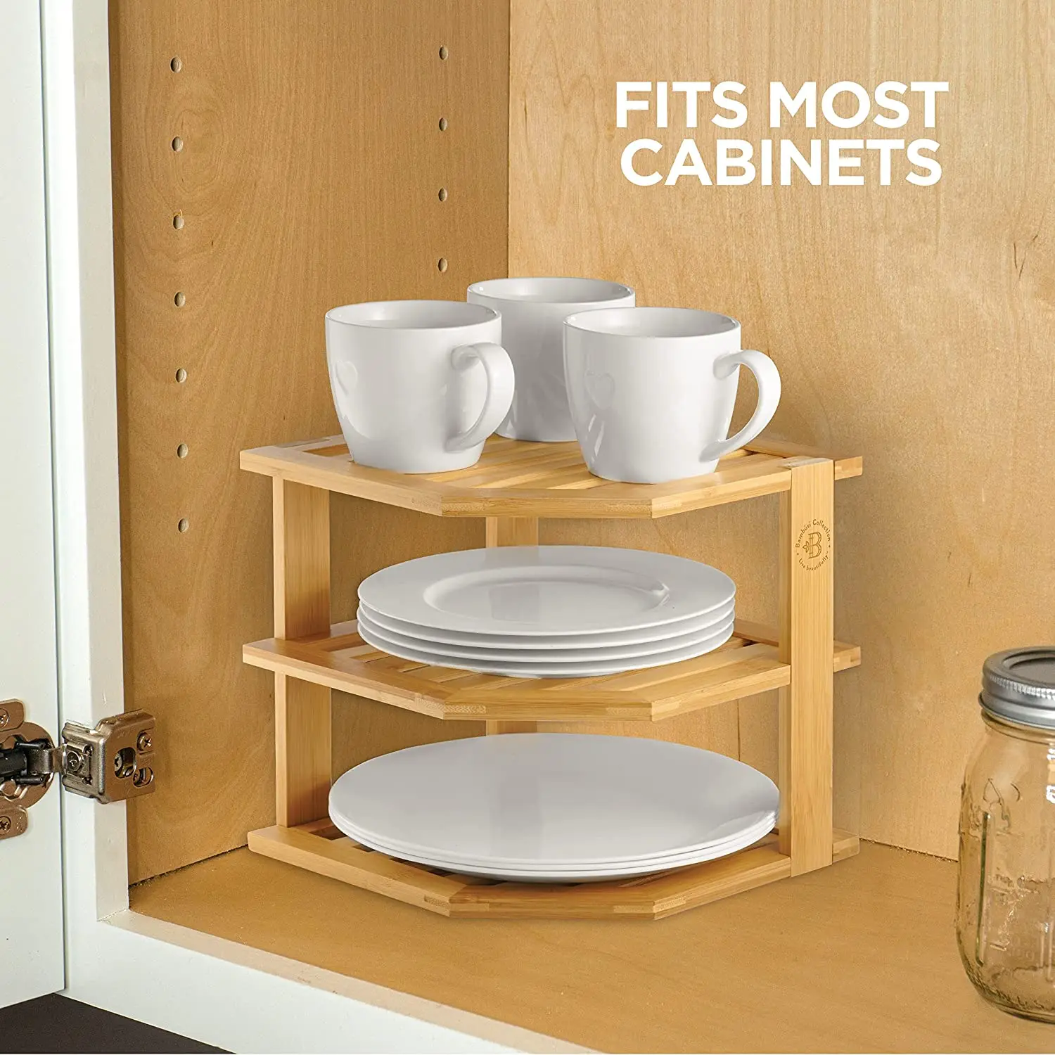 High quality bamboo 3-tier kitchen plate shelf storage countertop organizer space savers cabinet corner spice display rack