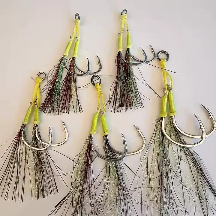 NEWMAJOR 1/0-5/0 Double Hooks for Deep Sea Boat Fishing Slow Swinging Iron Plate Tied Hair 2 Pairs/Pkg Sea Fishing Accessories