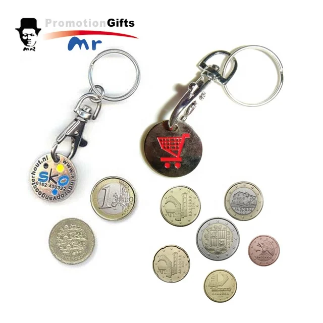 Wholesale custom metal euro shopping cart trolley coin holder keychain token coin keyring
