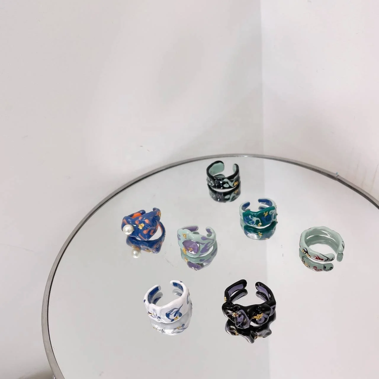 Irregular men couple rings set flower clay chunky napkin resin acrylic ring