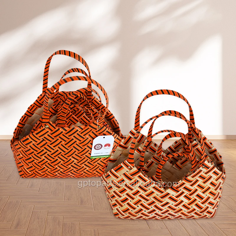 Hot Sale Wood Chips Knitting Paper Rope Mixed Woven Hand  Basket Handbag Shape Cosmetic Packaging Gift New Year Girl Gift Basket