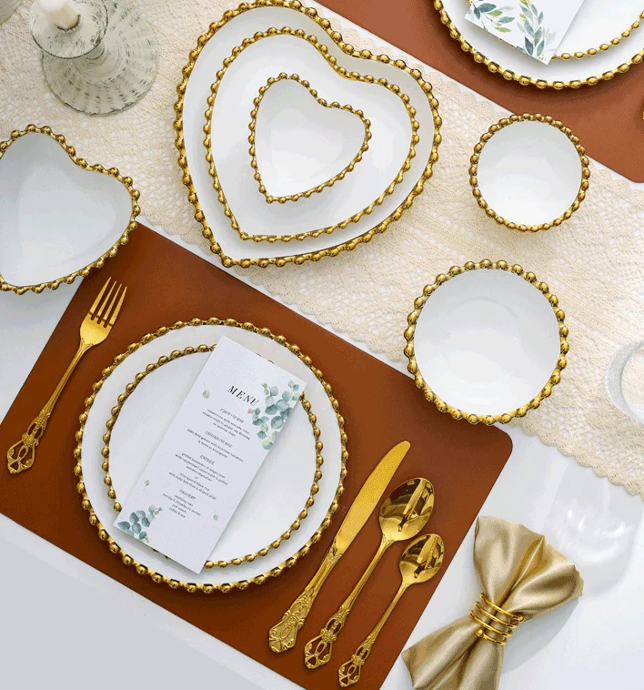 Modern Luxury Golden Edge Pearl Ceramic Dinnerware round Solid Pattern Western Dish Fruit Salad Bowl and Plate Home Tableware