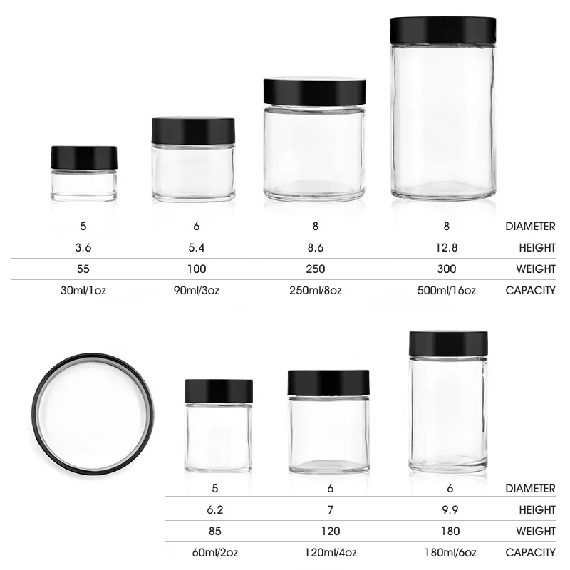 3.5g printing medicine clear round flower glass jar for skin cream  bottle with black matte or smooth screw lid 2oz 3oz 4oz