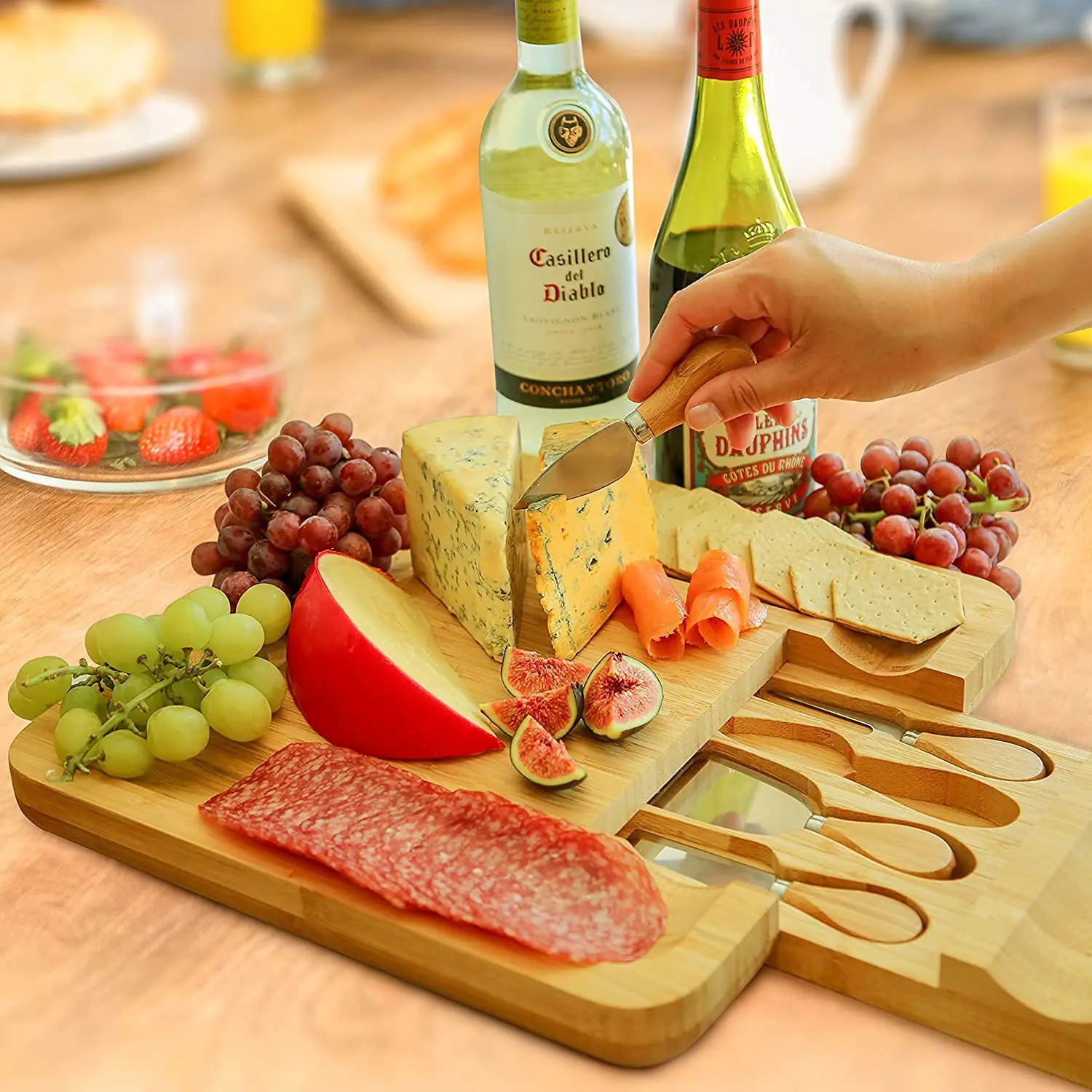 Unique Square Bamboo Cheese Board and Knife Set Serving Tray Multifunction Charcuterie Platter for Crackers Meat