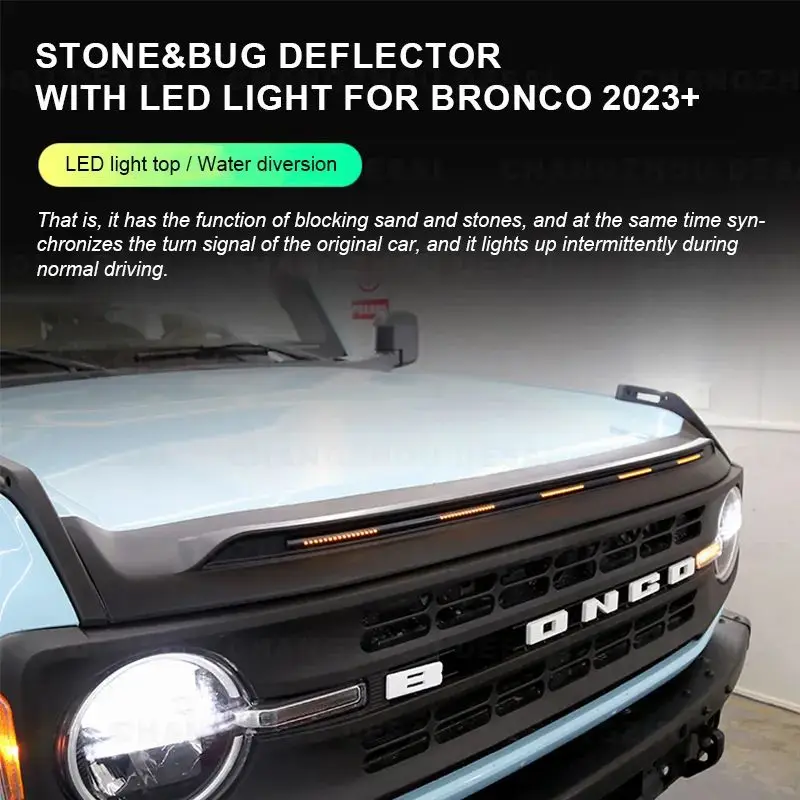 Front Engine Hood Deflector Stone Guard For 2021 2022 2023 Ford Bronco Offroad 2/4-Door Light Stripe Hood Protector
