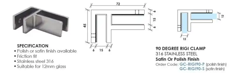 Y L Safety Accessories  316 90 degree Stainless Steel Glass Clamp 12mm glass