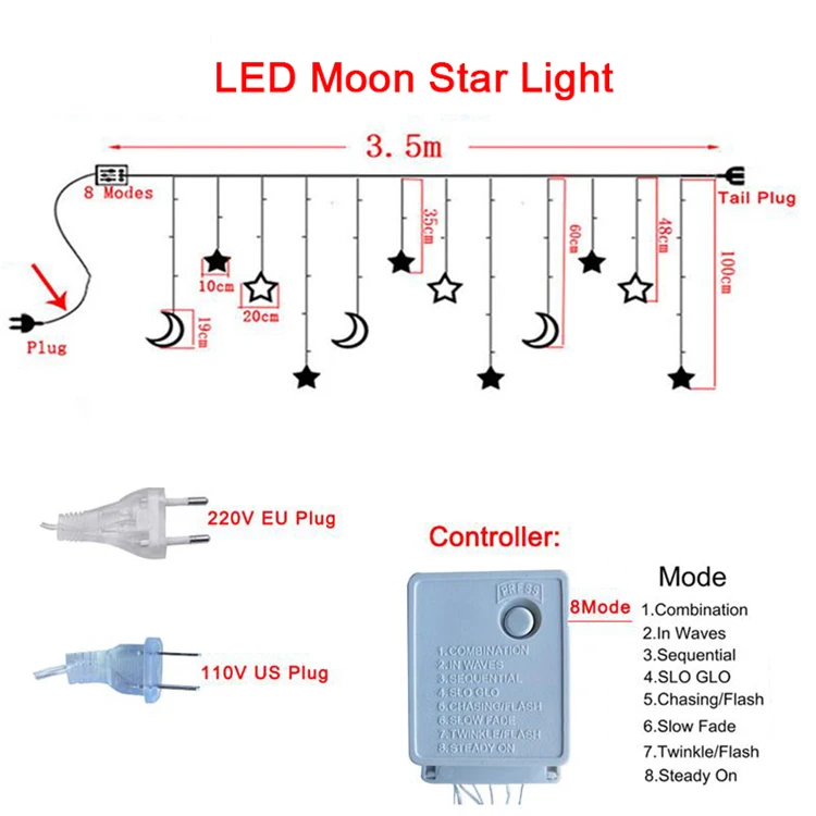 LED Moon and Star Curtain Light, 3.5m diwali decor fairy string lights, 138leds warm white colorful wedding holiday lighting