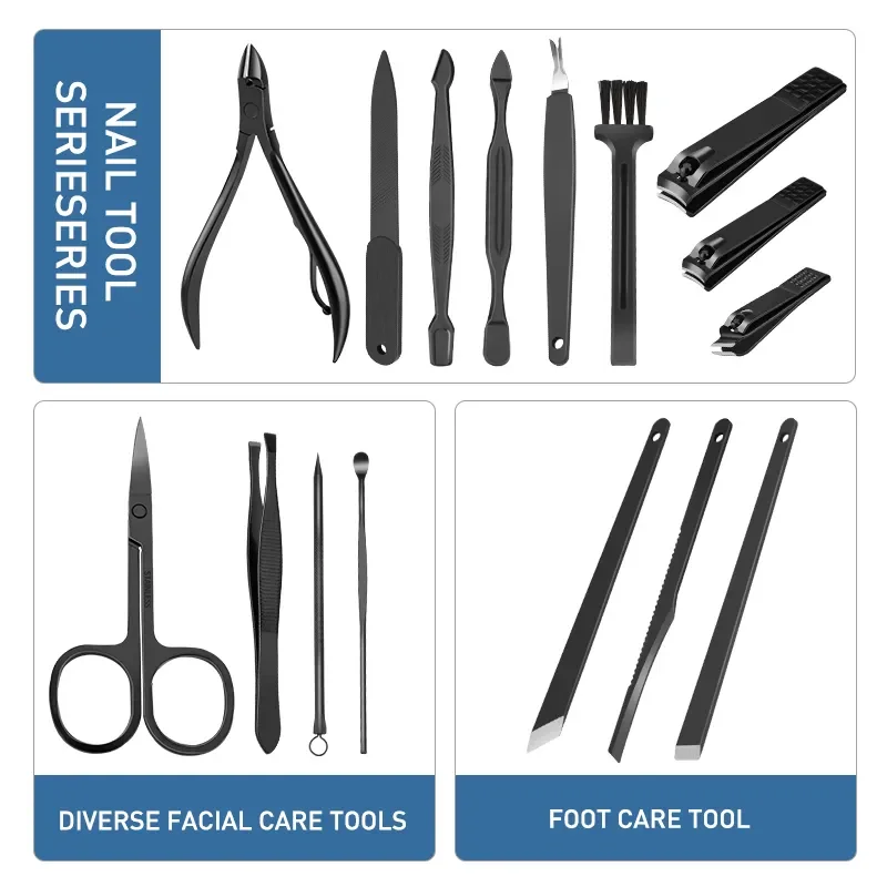 16 Pcs Black Stainless Steel Nail Clipper Cutter Trimmer Grooming Kit Manicure Set Pedicure Toe Nail Art Tools Set Kits