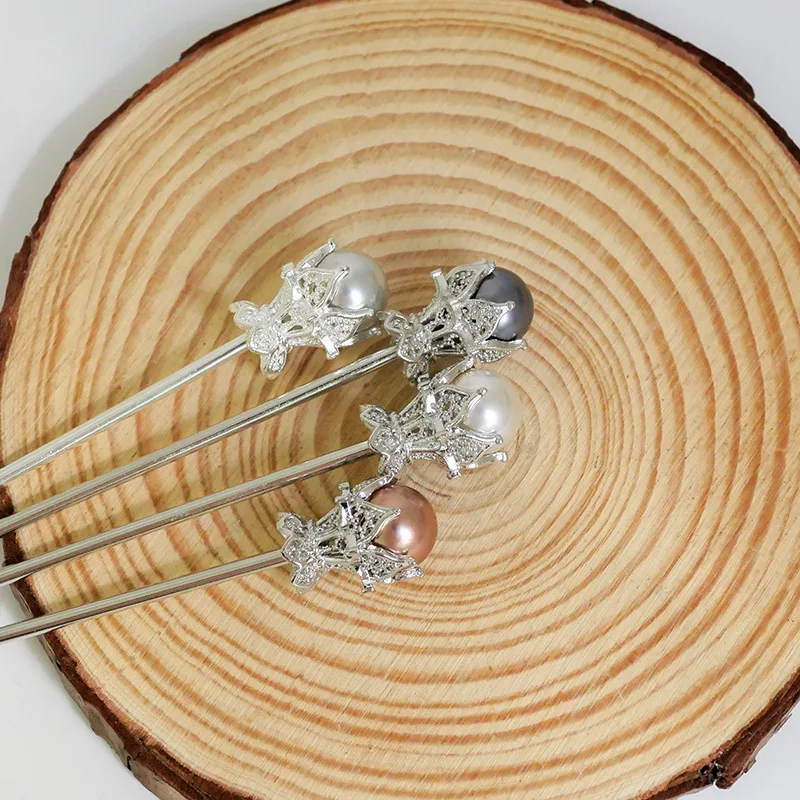 One-word hairpin Noble pearl hair fork plain hairpin modern ancient style hairpin headwear daily ball head dish hair ornaments