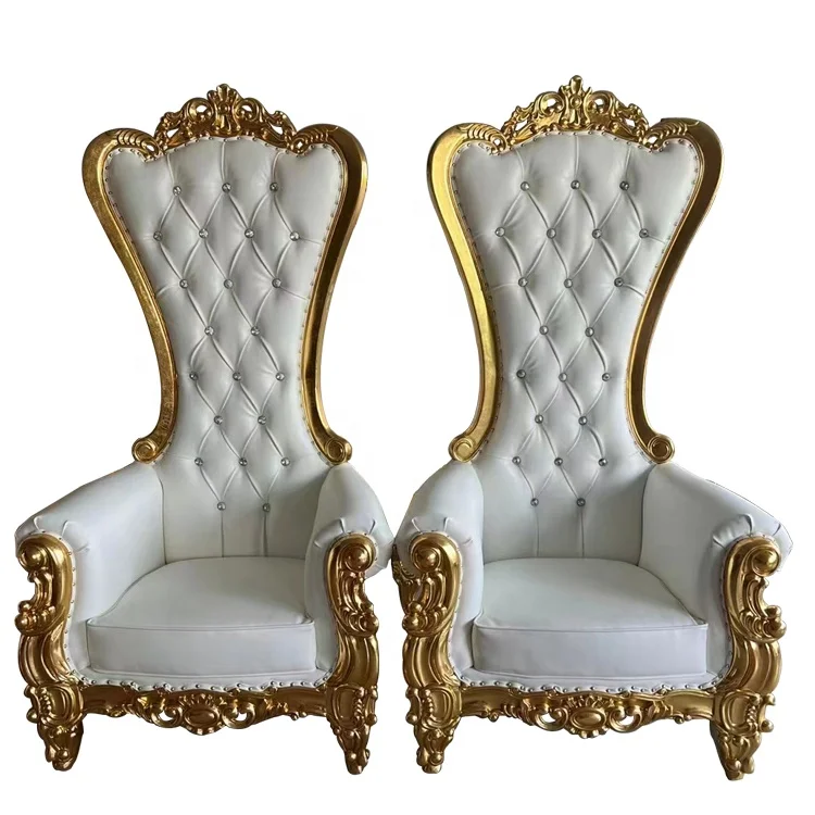 Gold Rim White Leather High Back Wedding Throne Chair For Bride And Groom