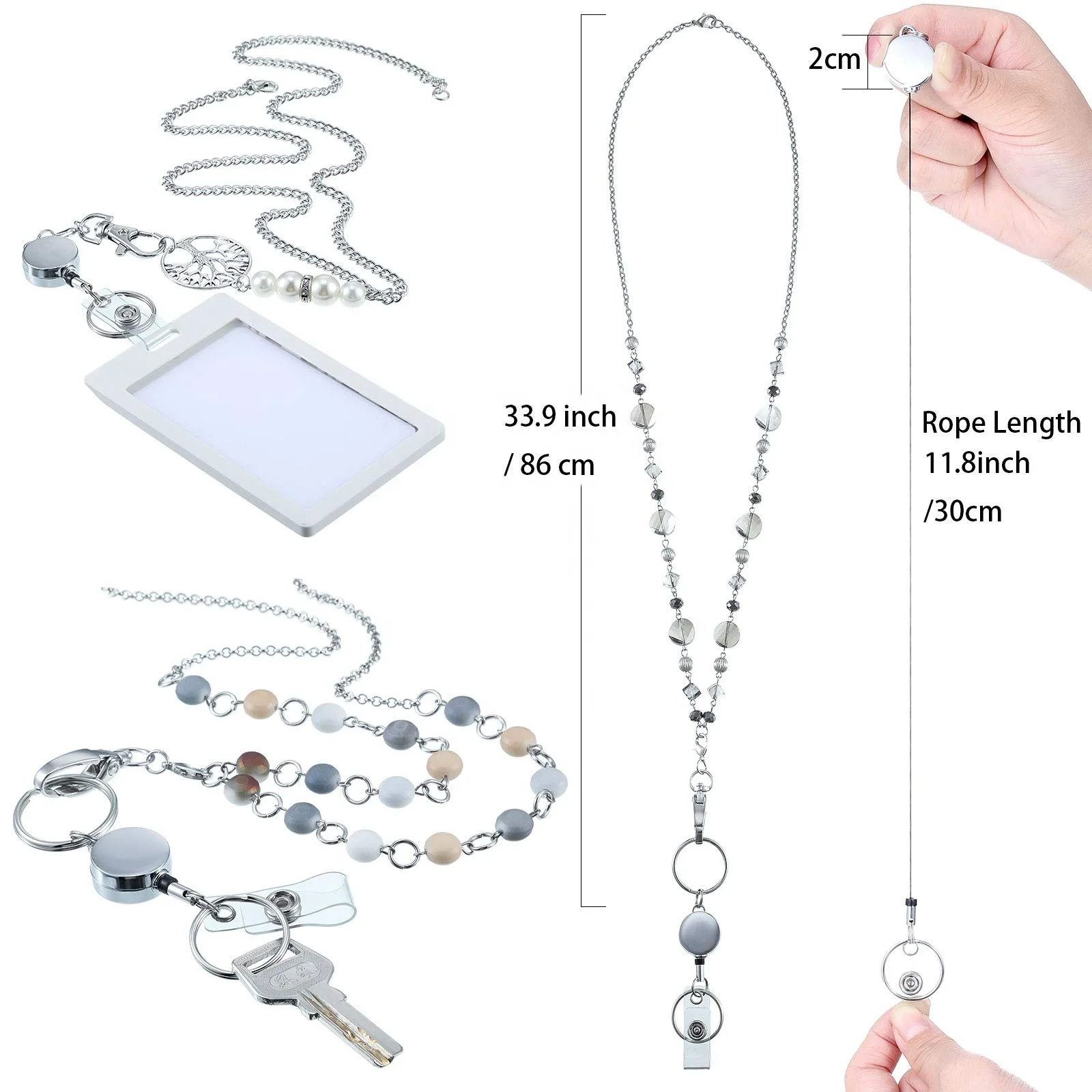 Fashion ID Badge Lanyard Necklace Beaded Chain Retractable Badge Reel Holder For Men Women