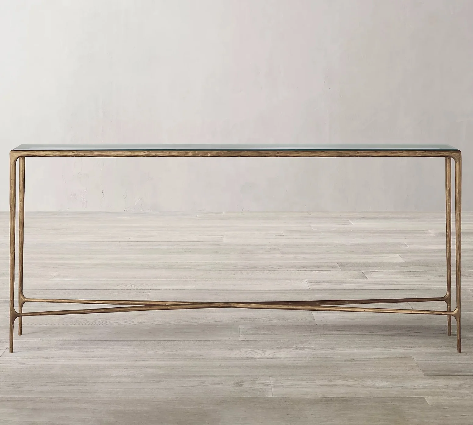 High-end custom hand forged brass base clear tempered glass marble tabletop console table luxury handmade thaddeus console table